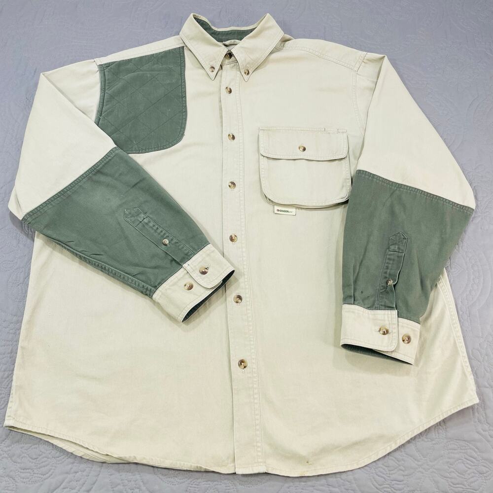 Gander Mtn Shooting Shirt Mens Large Cream Green Button Long Sleeve Pad Flap
